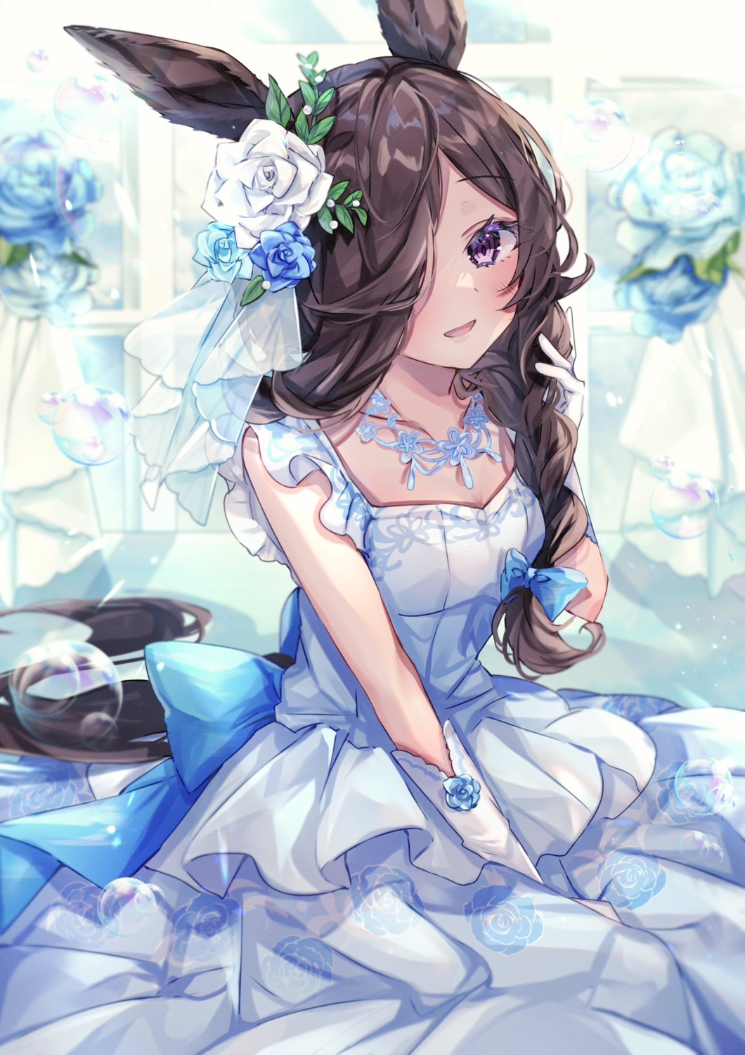 animal_ears dress rice_shower_(umamusume) sorashima_(117) tail uma_musume_pretty_derby wedding_dress