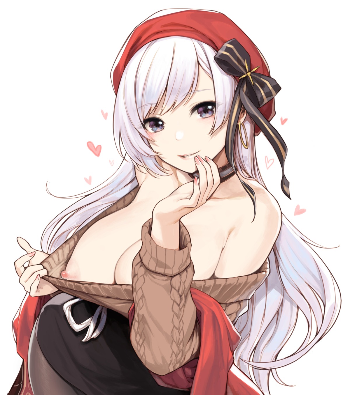 azur_lane belfast_(azur_lane) breasts nipples no_bra open_shirt pantyhose sunaba_suzume sweater