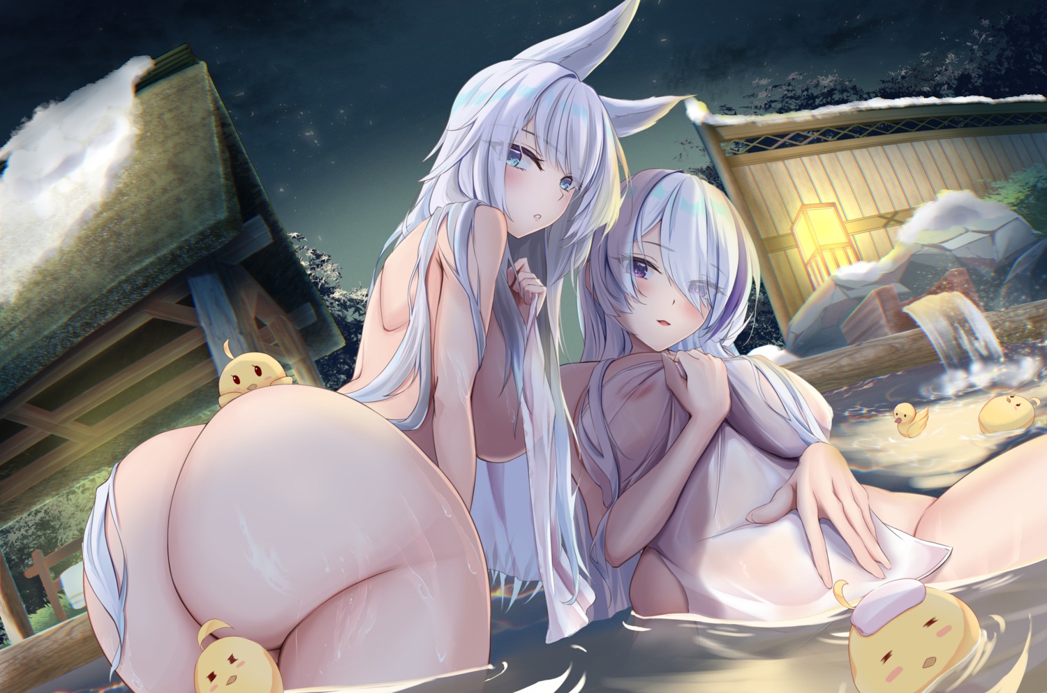 animal_ears areola ass azur_lane bathing kitsune manjuu_(azur_lane) naked onsen shinano_(azur_lane) spekkio36 towel unzen_(azur_lane) wet