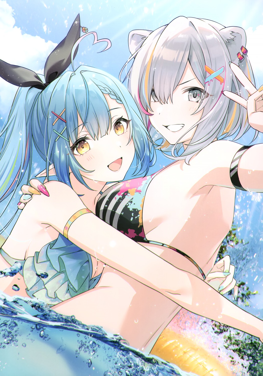 animal_ears bikini_top bunny_ears elf hololive milk_lamp pointy_ears shishiro_botan swimsuits tomari wet yukihana_lamy