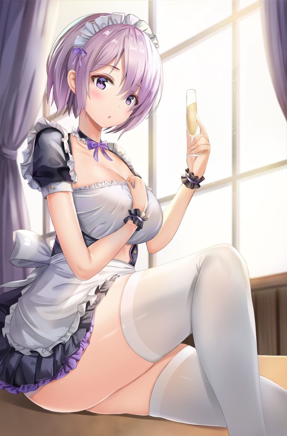 breast_hold cleavage fate/grand_order kitin maid mash_kyrielight skirt_lift thighhighs