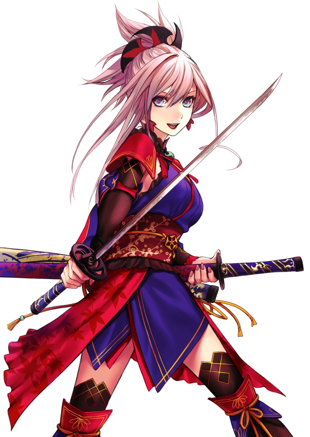 applekun fate/grand_order japanese_clothes miyamoto_musashi_(fate/grand_order) sword thighhighs