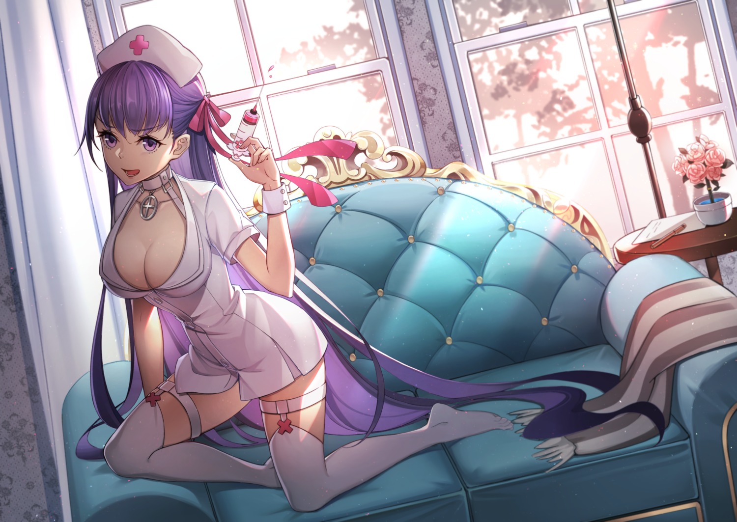 bb_(fate/extra_ccc) bubble1995 cleavage fate/grand_order garter no_bra nurse open_shirt stockings thighhighs