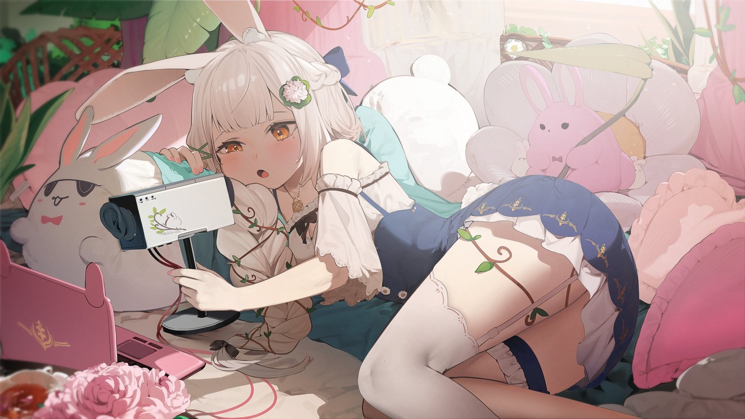 animal_ears bunny_ears dress garter hiiragi_mikoto stockings thighhighs wallpaper