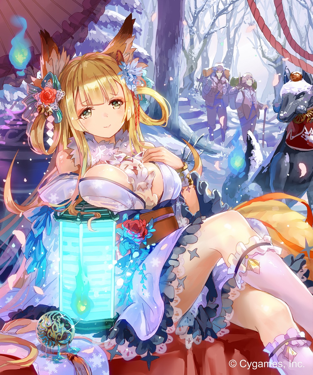 77gl animal_ears cleavage japanese_clothes kitsune no_bra shingeki_no_bahamut