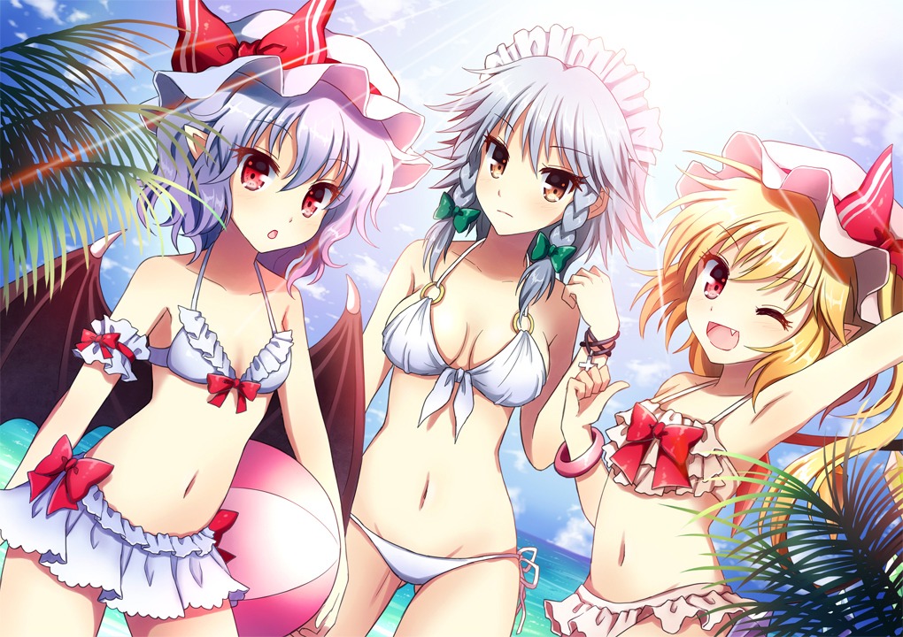 bikini cleavage flandre_scarlet izayoi_sakuya mauve pointy_ears remilia_scarlet swimsuits touhou wings