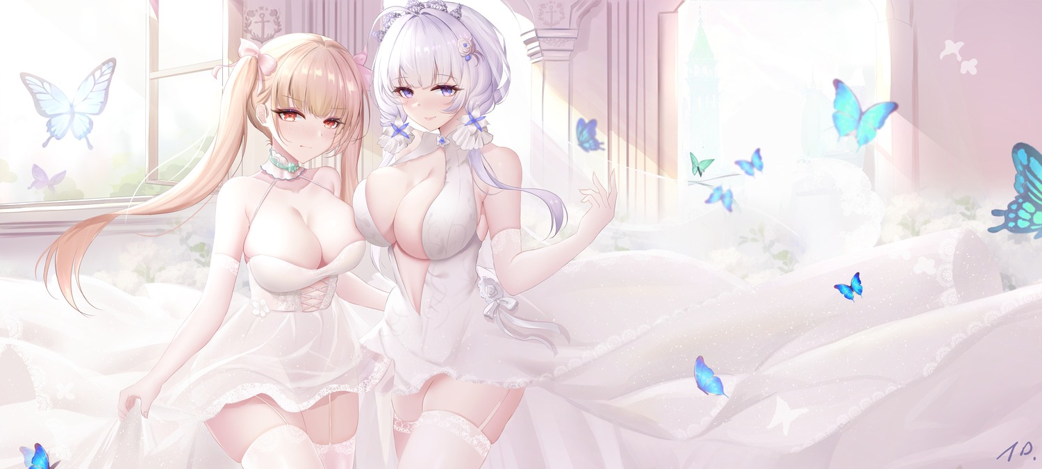 azur_lane dress formidable_(azur_lane) illustrious_(azur_lane) nanoda002_(saber427) no_bra see_through stockings thighhighs wedding_dress