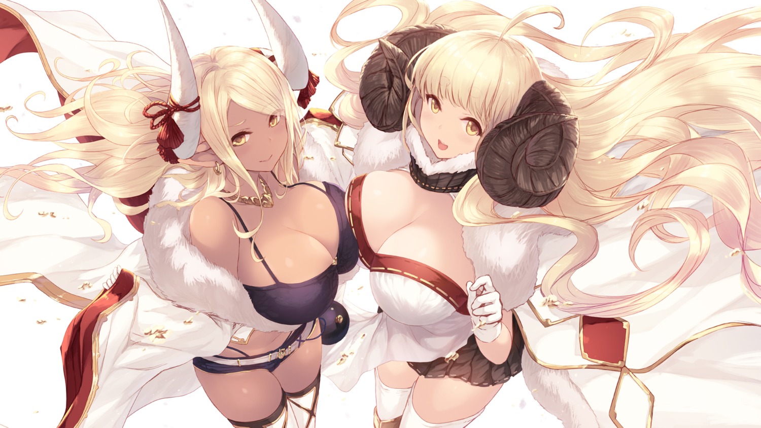 anila_(granblue_fantasy) cait cleavage granblue_fantasy horns kuvira_(granblue_fantasy) pointy_ears symmetrical_docking thighhighs