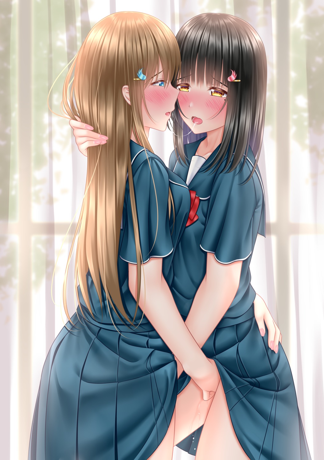 fingering lino_(lilyparty07) pussy_juice seifuku skirt_lift symmetrical_docking yuri