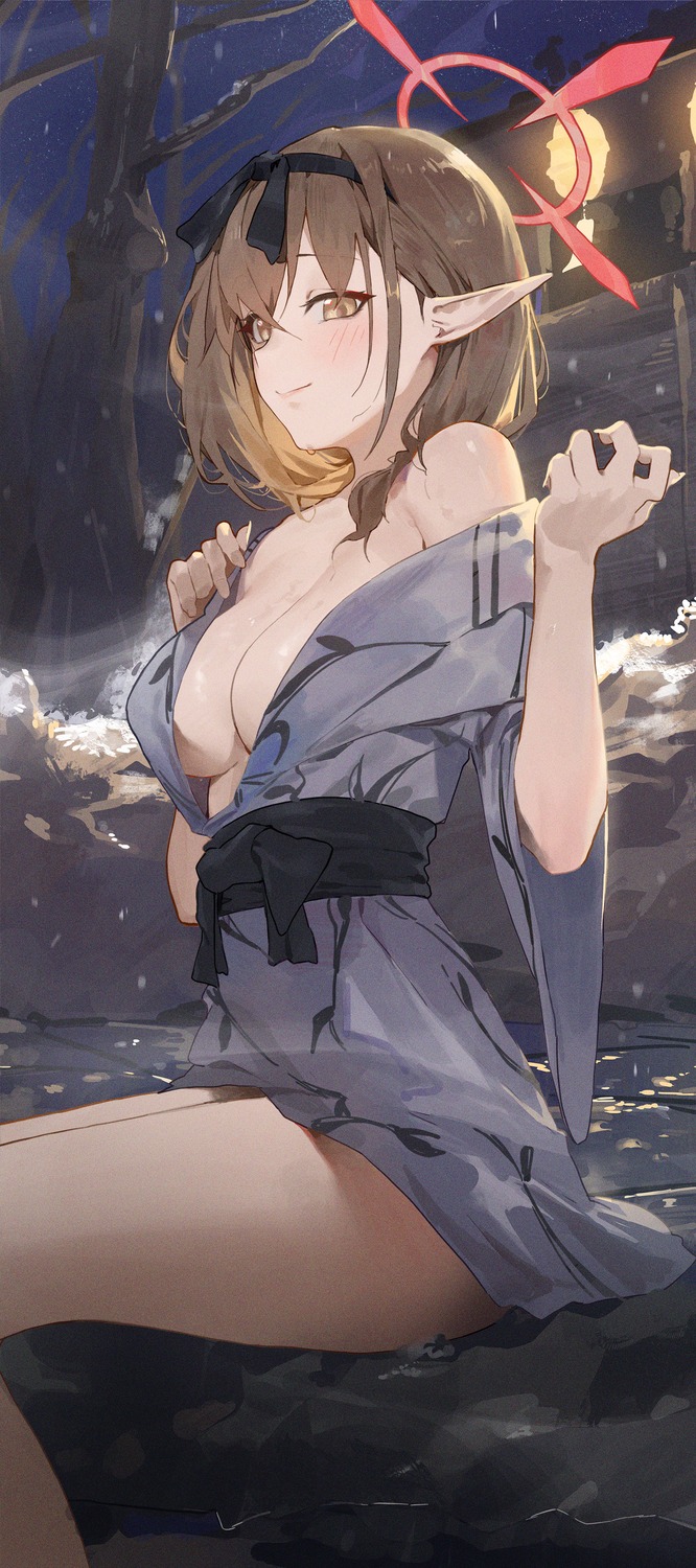 blue_archive halo hinomiya_chinatsu kji_(rozo) no_bra open_shirt pointy_ears skirt_lift undressing wet yukata