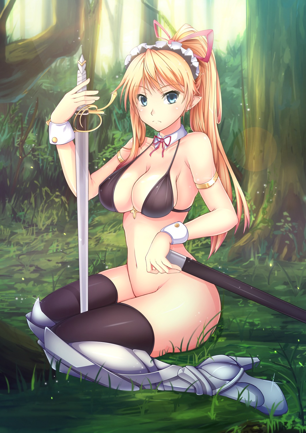 armor bikini_top bottomless cleavage elf erect_nipples heels maca_(macaca12) maid pointy_ears swimsuits sword thighhighs