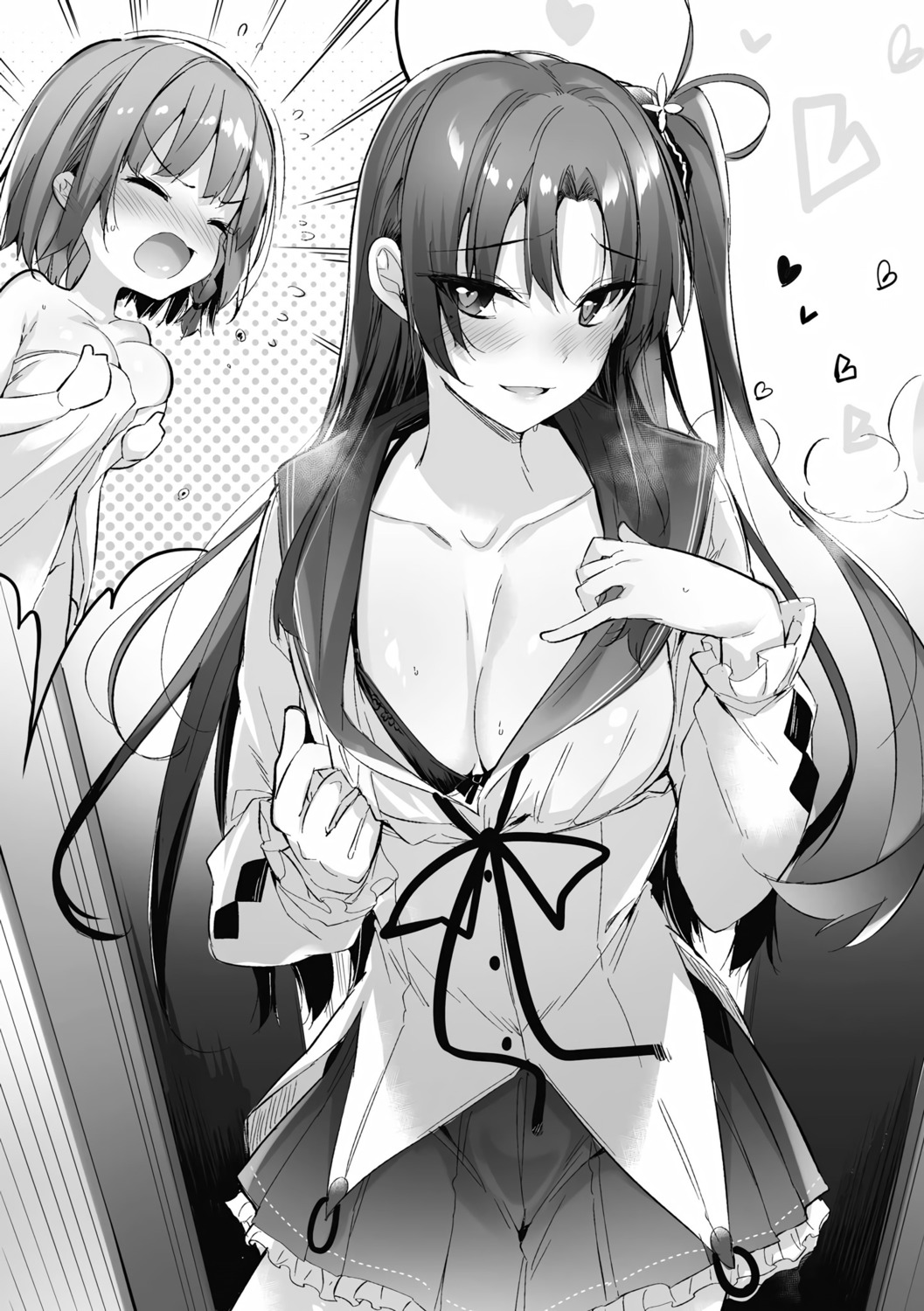 bra cleavage jk_otoshi_no_na_o_motsu_otoko_kashiwagi_no_oudou kakao monochrome open_shirt seifuku towel undressing