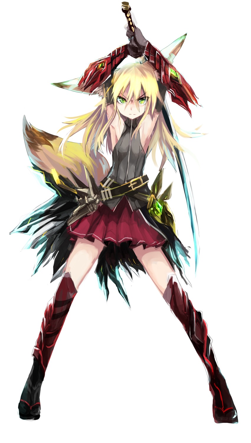 animal_ears haik kitsune kokonoe_tsubaki sword tail thighhighs