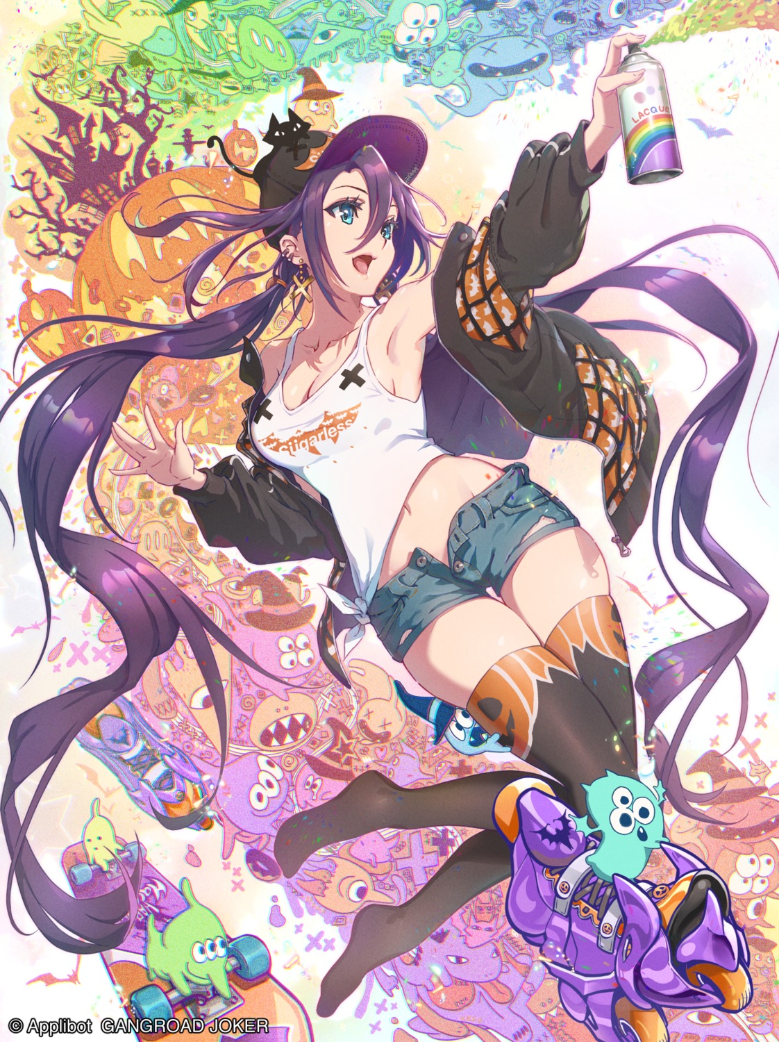 cleavage eito_nishikawa gang_road_joker halloween neko no_bra thighhighs torn_clothes