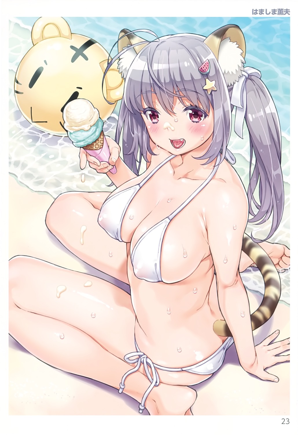 animal_ears ass bikini cream erect_nipples hamashima_shigeo see_through swimsuits tail toranoana