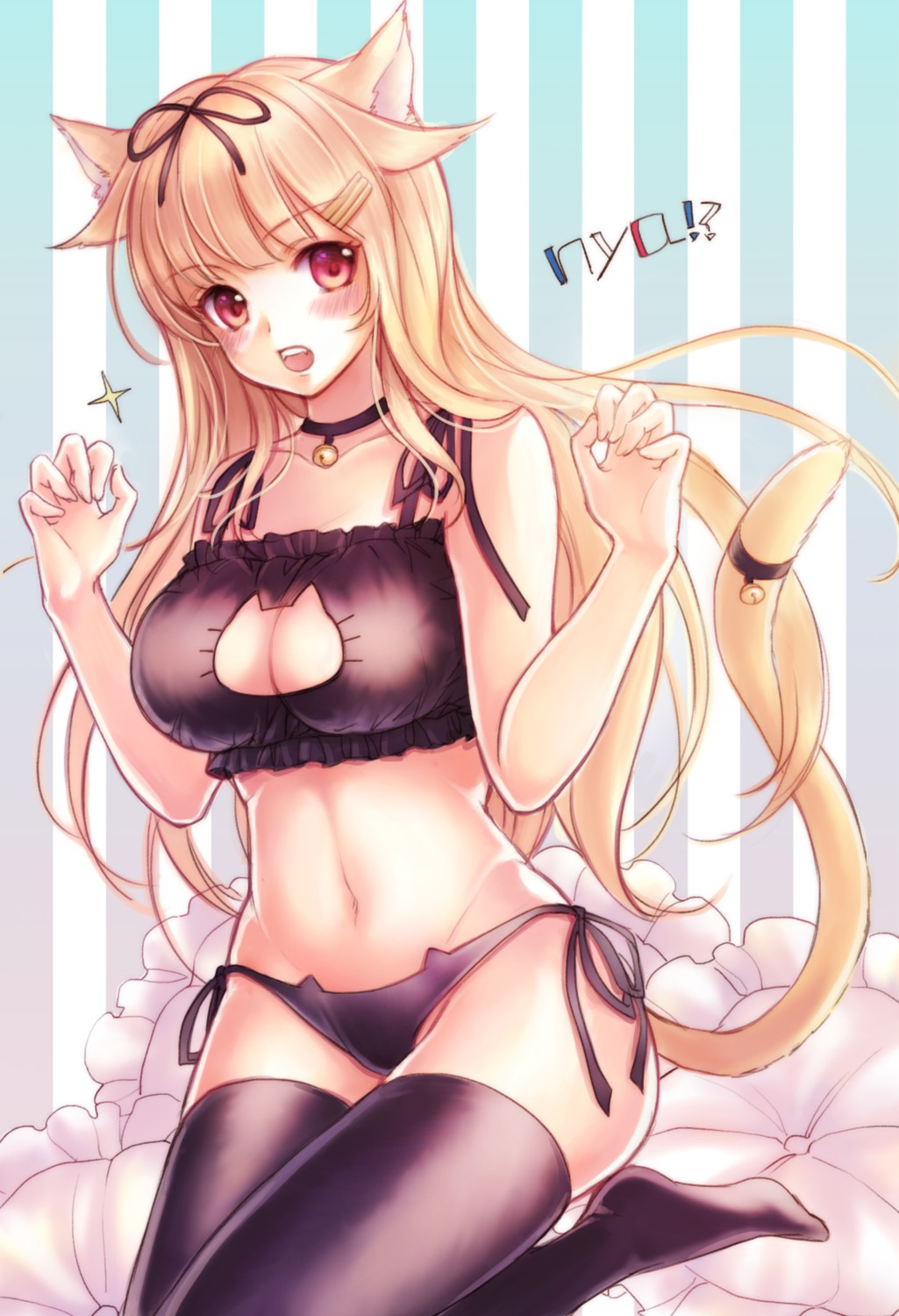 animal_ears bra kantai_collection mii@chiffonx nekomimi pantsu string_panties tail thighhighs yuudachi_(kancolle)