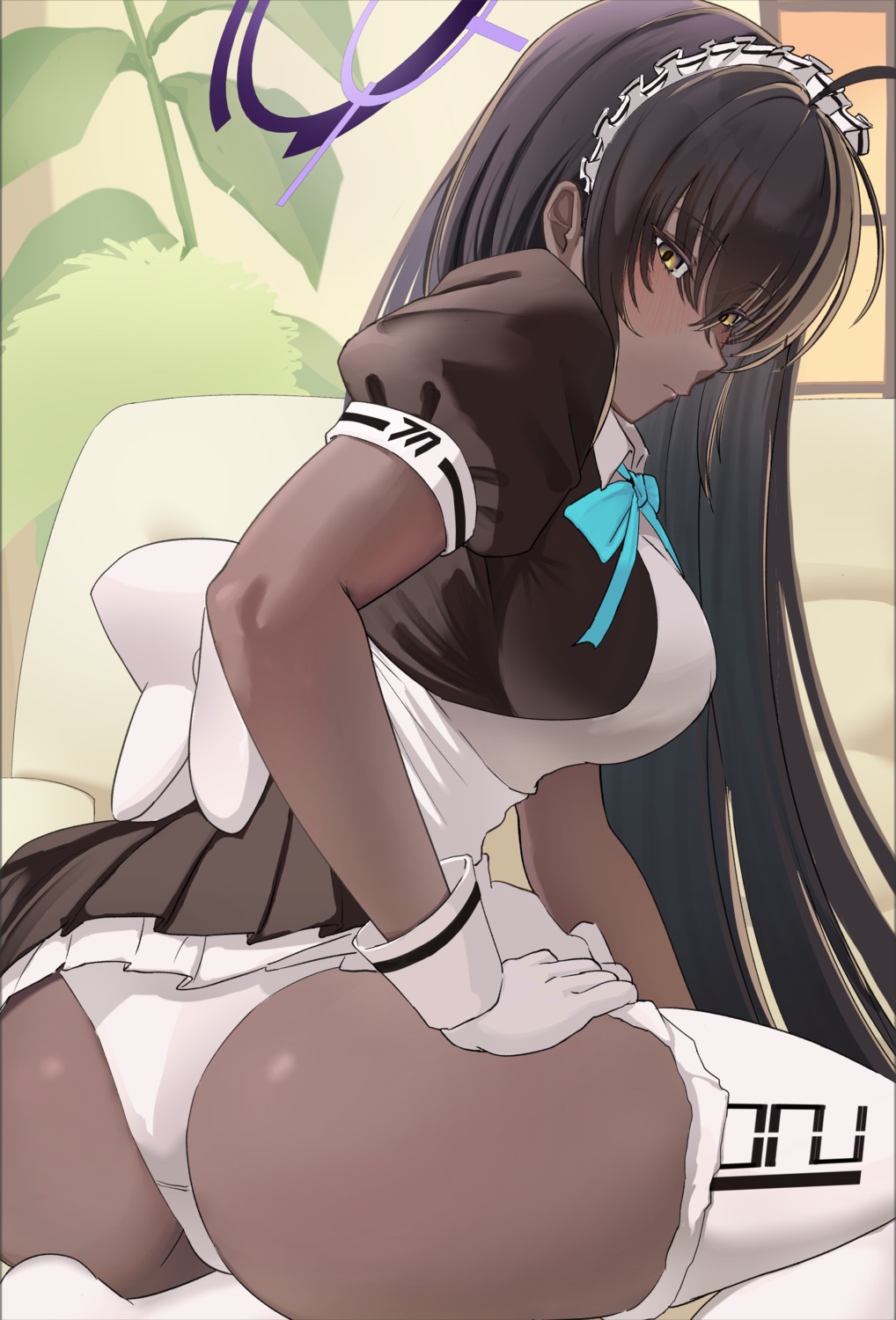 ass blue_archive cafenami halo kakudate_karin maid pantsu skirt_lift thighhighs thong