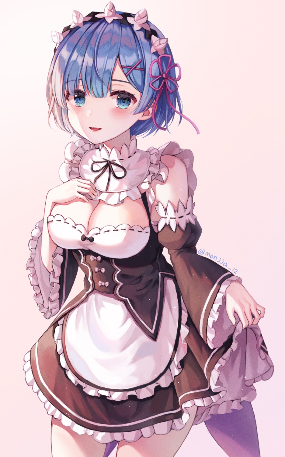 cleavage maid monjja no_bra re_zero_kara_hajimeru_isekai_seikatsu rem_(re_zero) skirt_lift