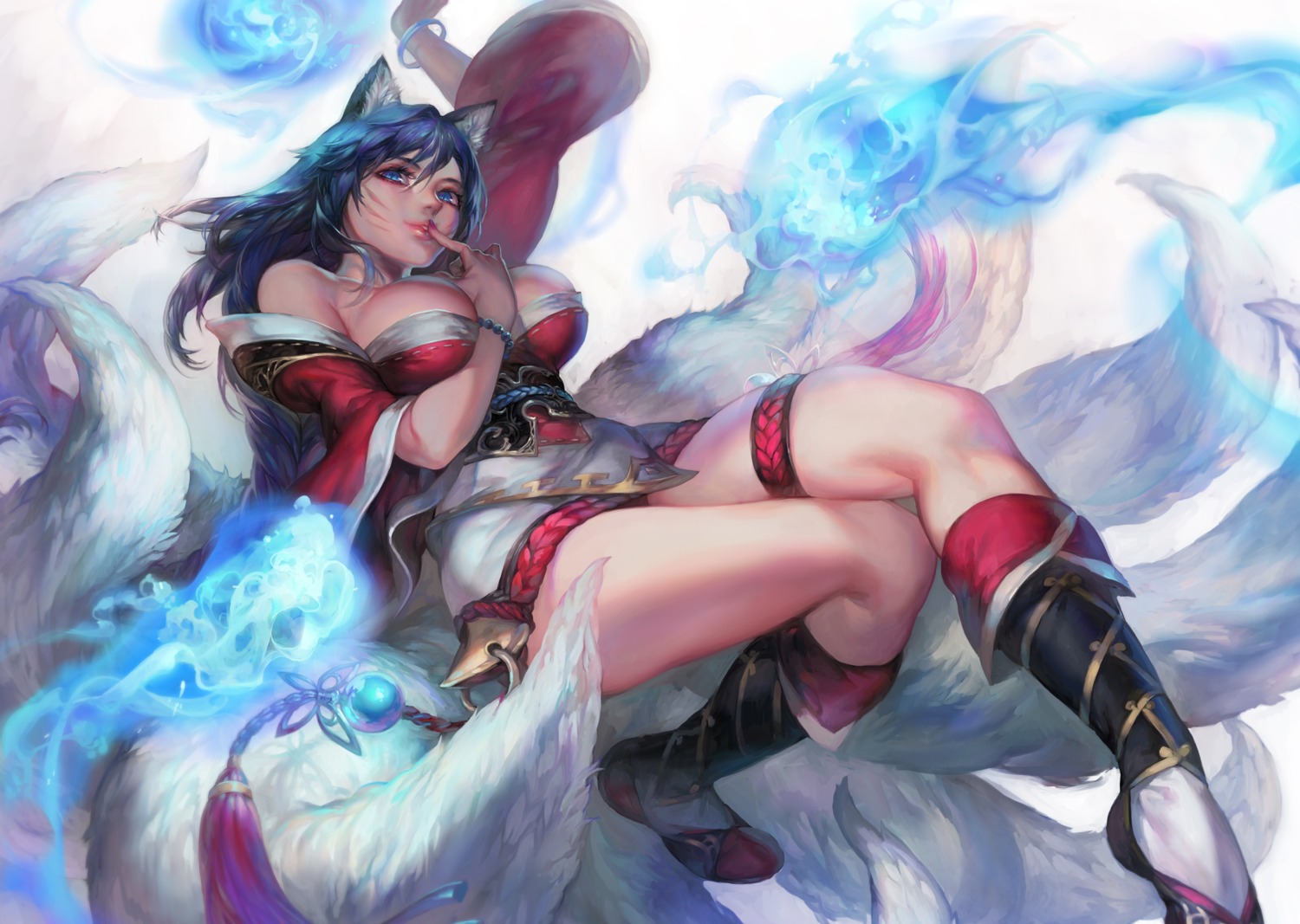 ahri animal_ears aoin cleavage garter kitsune league_of_legends no_bra tail