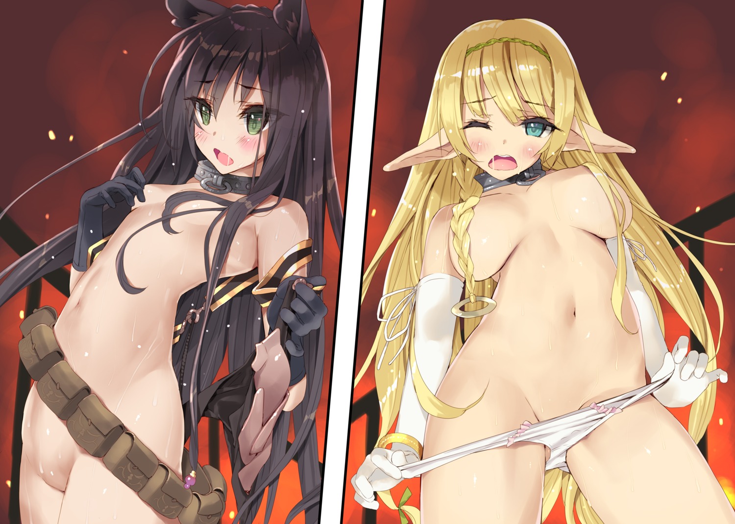 animal_ears bottomless elf isekai_maou_to_shoukan_shoujo_no_dorei_majutsu nekomimi panty_pull pointy_ears rem_galleu shera_l._greenwood topless tsurusaki_takahiro undressing