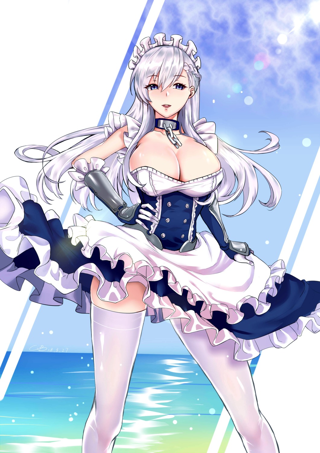 azur_lane belfast_(azur_lane) cleavage maid skirt_lift thighhighs