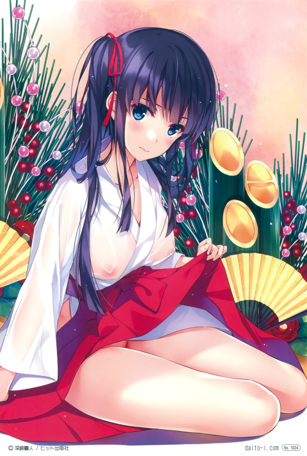 comic_aun miko mimori_hinagiku misaki_kurehito nipples no_bra nopan see_through skirt_lift wet_clothes