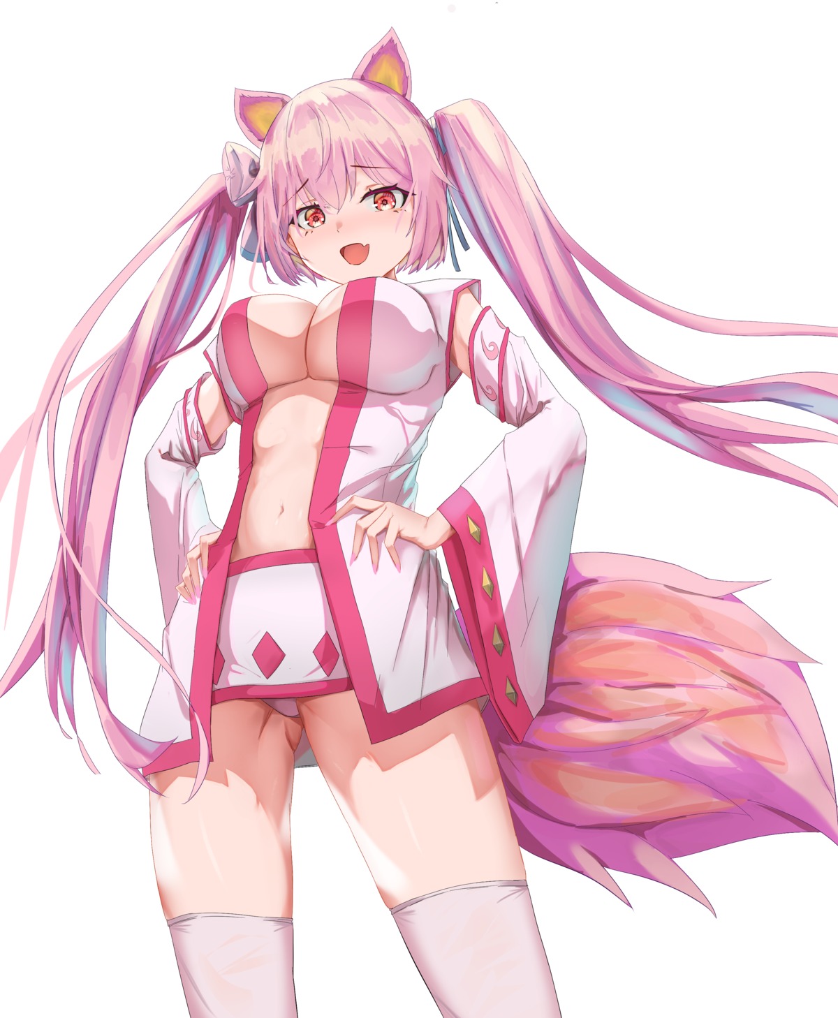 animal_ears japanese_clothes laneigu no_bra open_shirt pantsu tail thighhighs