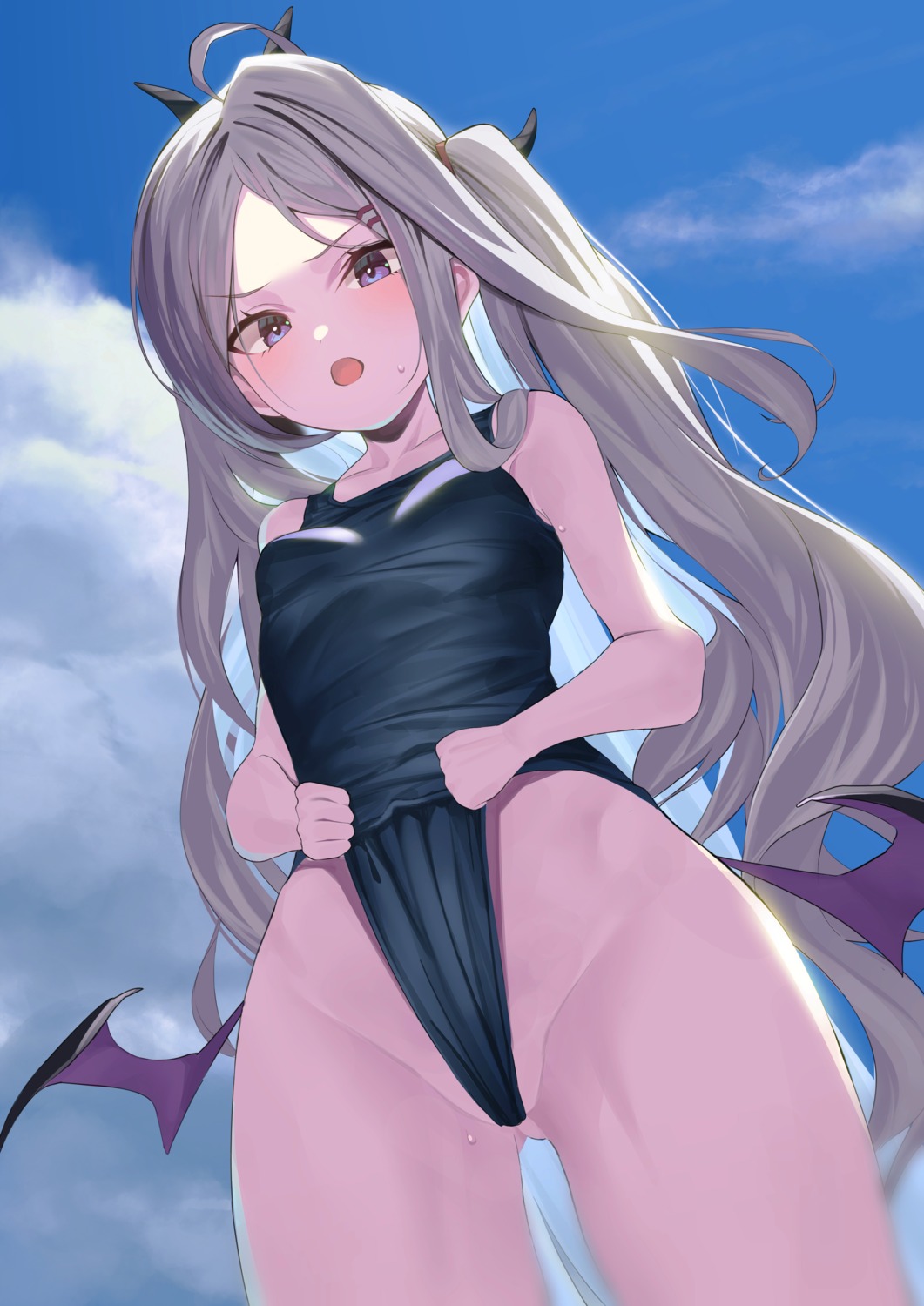 blue_archive devil horns loli osanpo02 school_swimsuit sorasaki_hina swimsuits wings