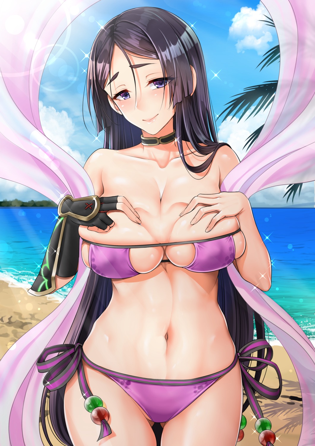bikini breast_grab cleavage erect_nipples fate/grand_order minamoto_no_raikou_(fate/grand_order) swimsuits youshuu