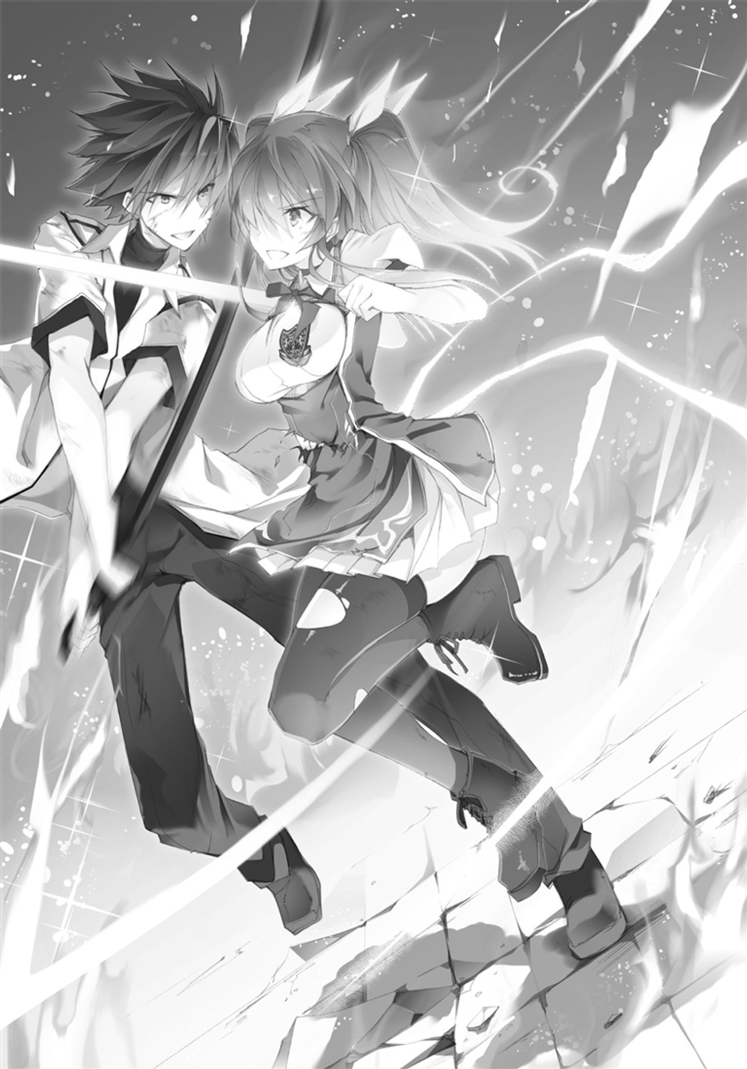 kurogane_ikki monochrome rakudai_kishi_no_cavalry seifuku stella_vermillion sword thighhighs torn_clothes won_(az_hybrid)