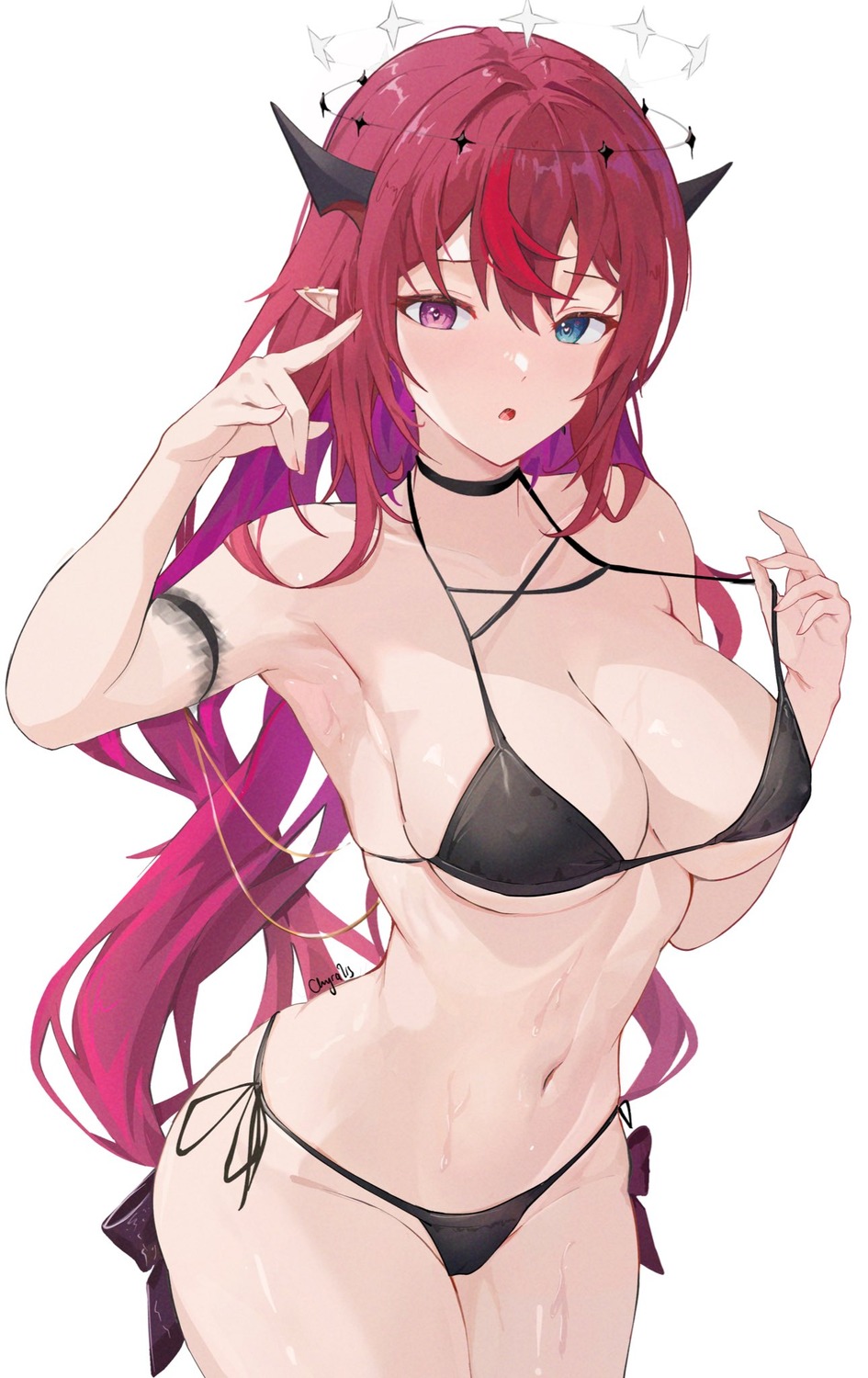 bikini chyraliss erect_nipples heterochromia hololive hololive_english horns irys_(hololive) pointy_ears swimsuits thong undressing wet