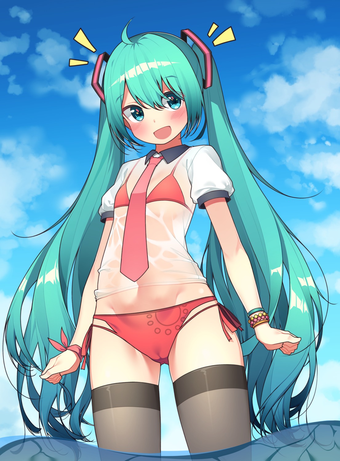 bikini cameltoe hatsune_miku hop3 loli see_through seifuku swimsuits thighhighs vocaloid wet wet_clothes