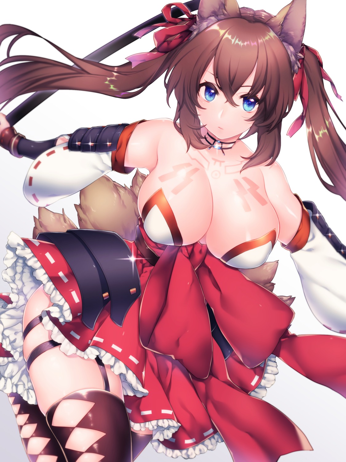 animal_ears armor caleen_keemosn garter japanese_clothes no_bra star_ocean_anamnesis stockings tail tattoo thighhighs weapon yutazou