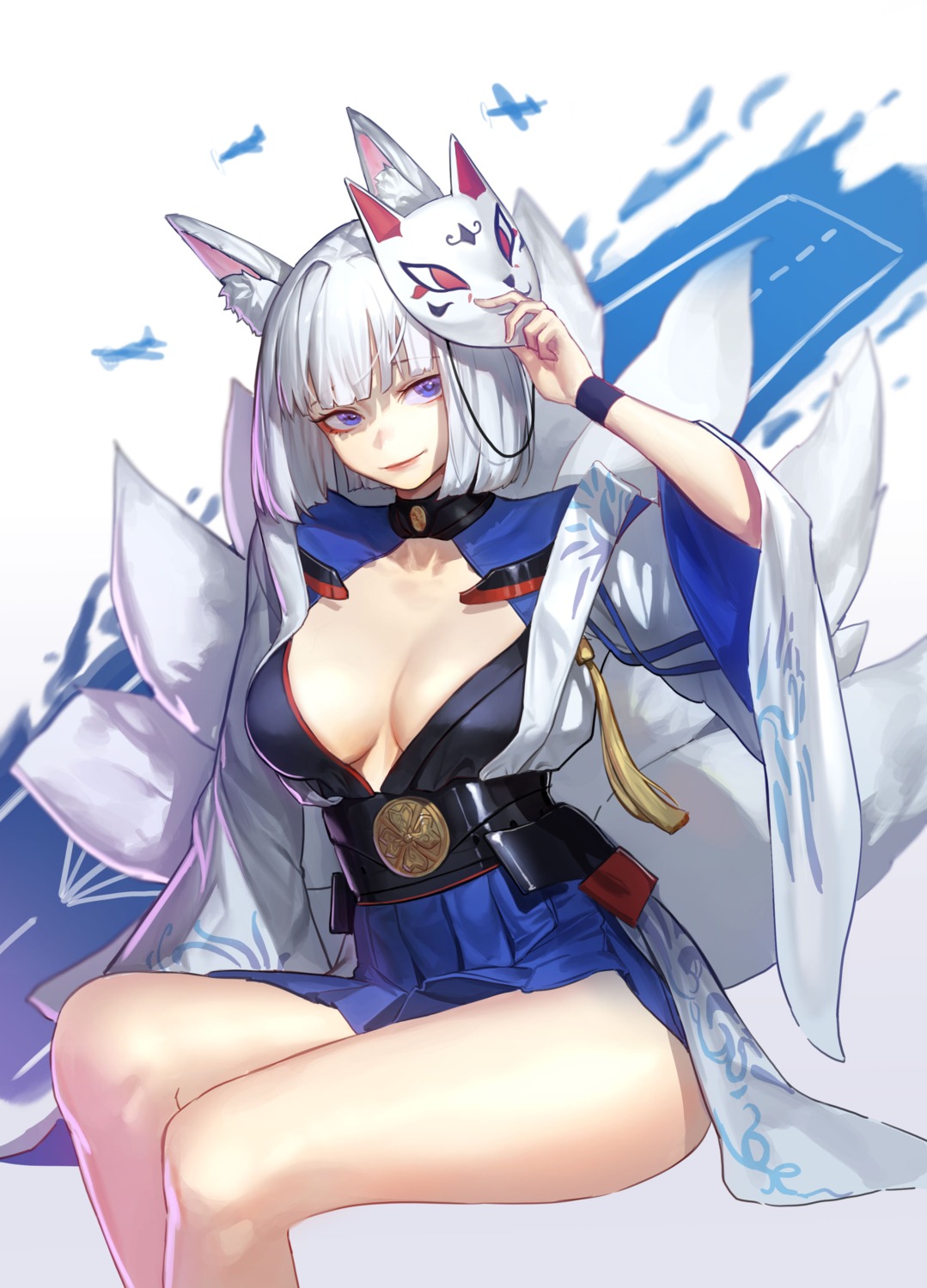 animal_ears azur_lane japanese_clothes kaga_(azur_lane) kitsune mac_star no_bra skirt_lift tail