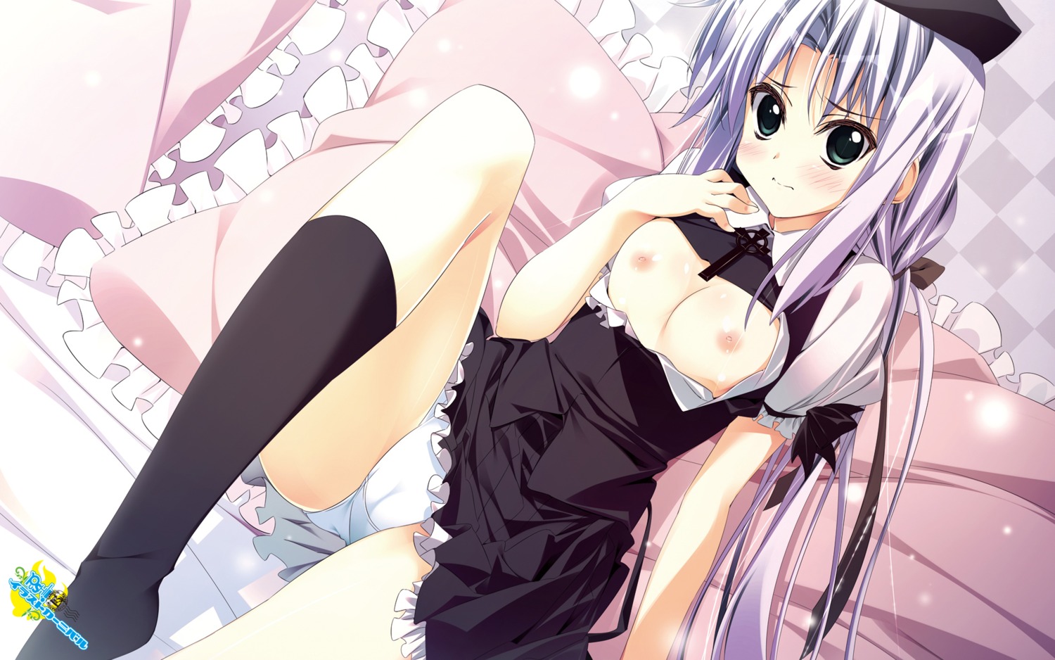 breasts himawari_no_kyoukai_to_nagai_natsuyasumi makura motoyon nipples nonohara_hinazakura open_shirt pantsu wallpaper