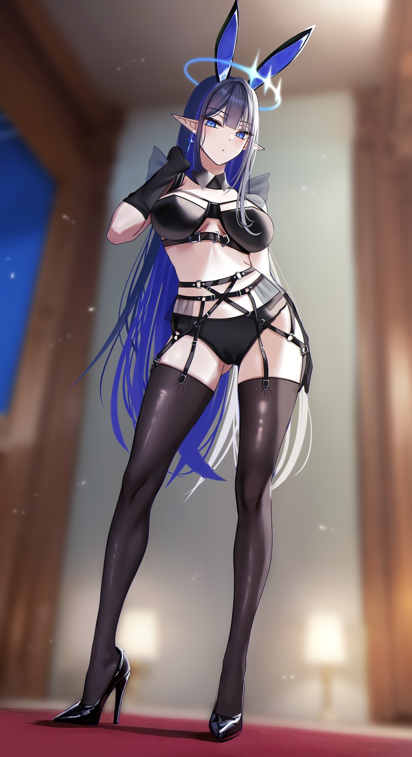 animal_ears blue_archive bra bunny_ears garter_belt halo heels nanagami_rin nick_(nikek96) pantsu pointy_ears stockings thighhighs