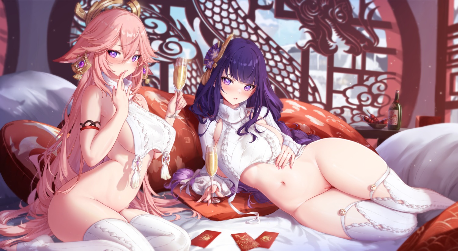 animal_ears bottomless genshin_impact kitsune mitsu_(mitsu_art) no_bra pussy raiden_shogun sweater thighhighs uncensored yae_miko