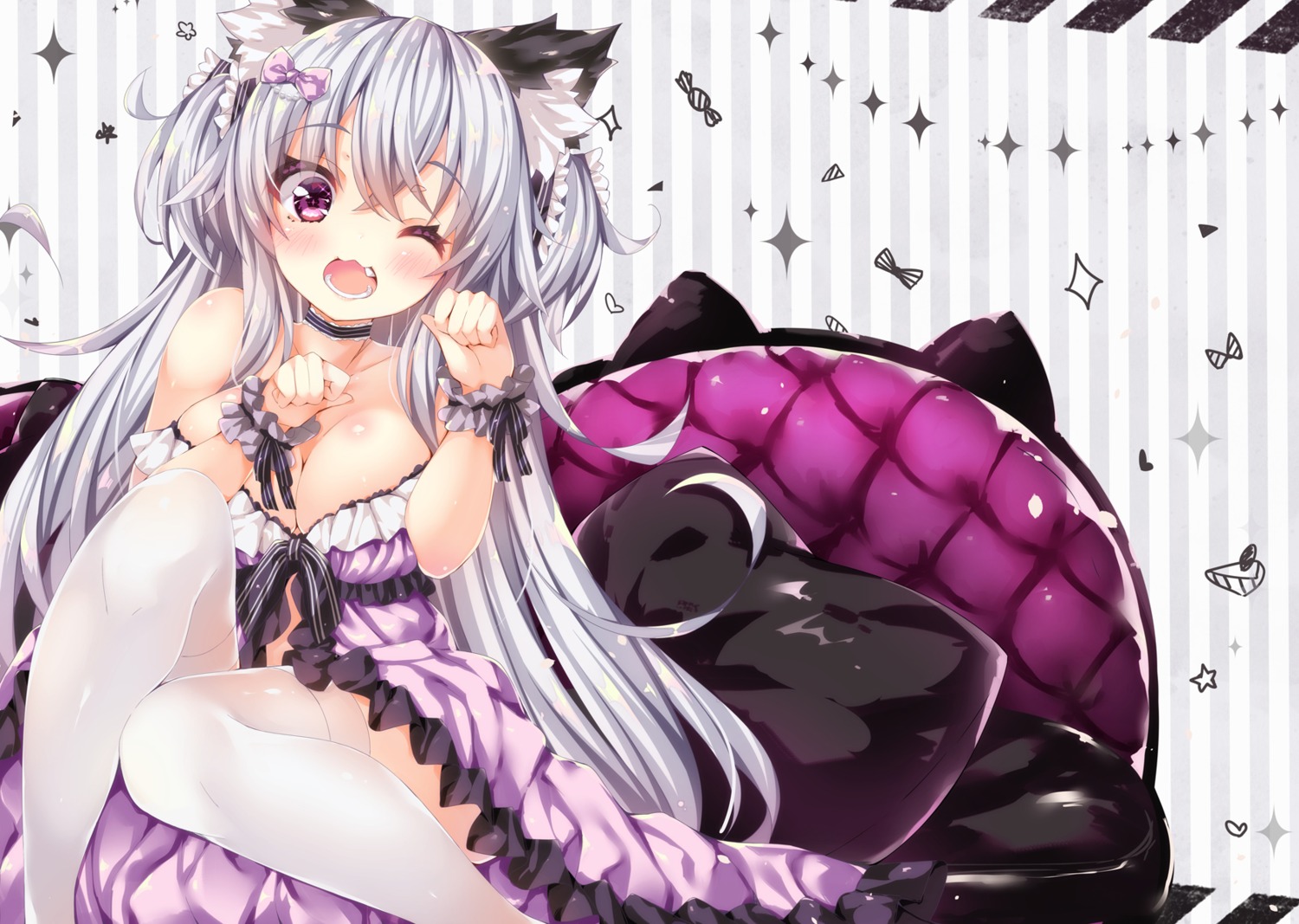 animal_ears cleavage dress nekomimi ojitea thighhighs