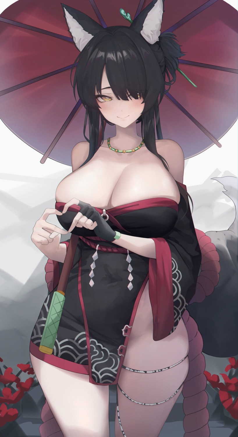 animal_ears garter japanese_clothes no_bra nopan open_shirt tagme tail umbrella