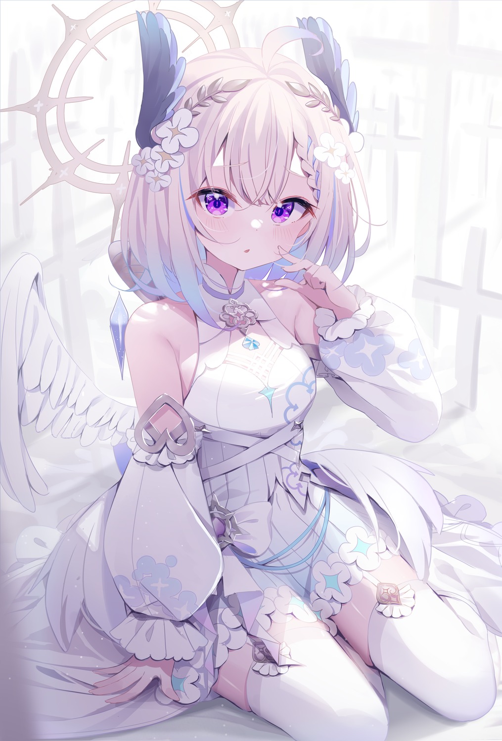 angel deyui dress enna_alouette nijisanji nijisanji_en no_bra stockings thighhighs wings