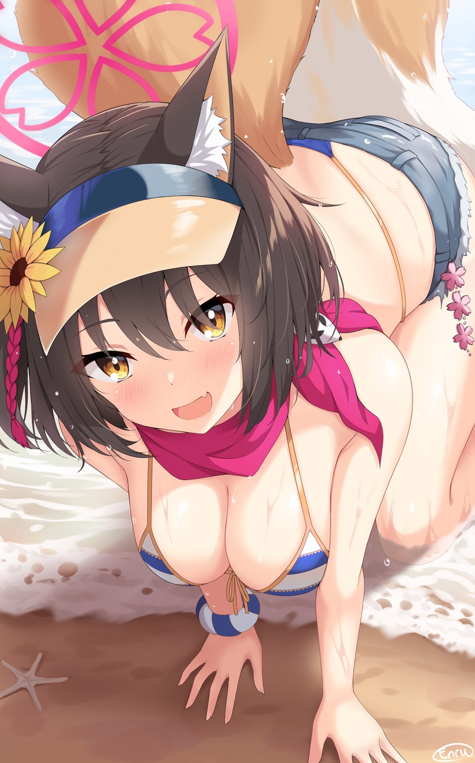 animal_ears bikini blue_archive enru halo kitsune kuda_izuna swimsuits tail wet