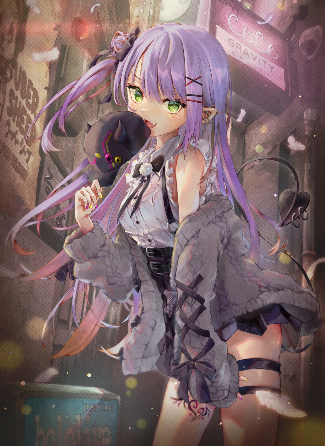 annmitsu114 garter hololive pointy_ears skirt_lift sweater tail tattoo tokoyami_towa