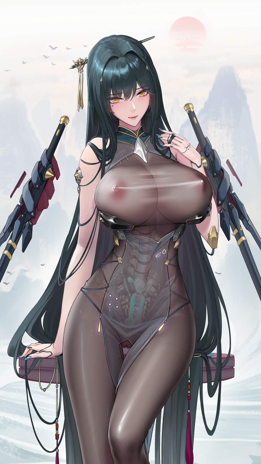 armor bianca_(punishing:_gray_raven) bodysuit mecha_musume nipples no_bra punishing:_gray_raven see_through sword tsuki_no_i-min