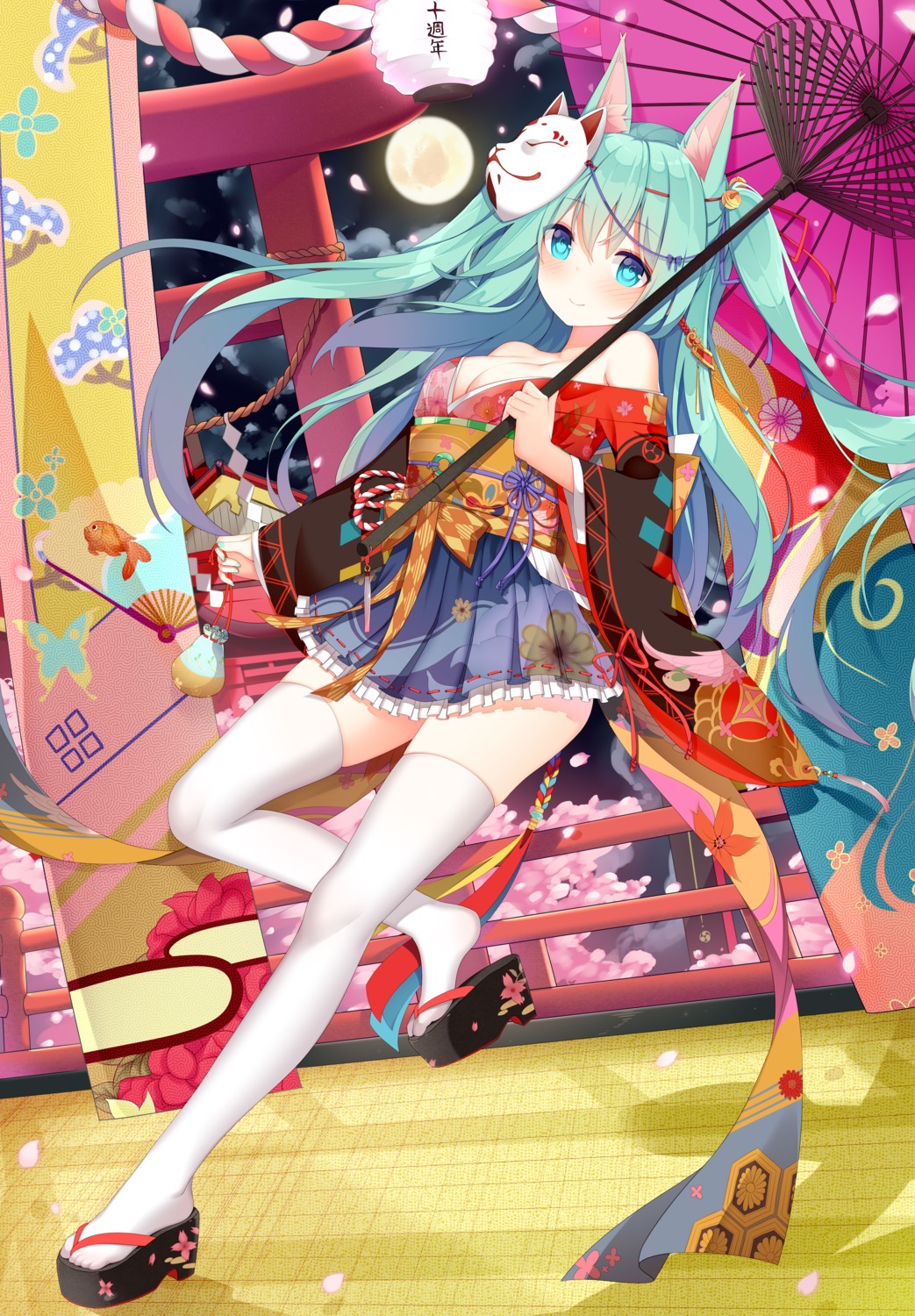 animal_ears cleavage hatsune_miku japanese_clothes jyt thighhighs umbrella vocaloid