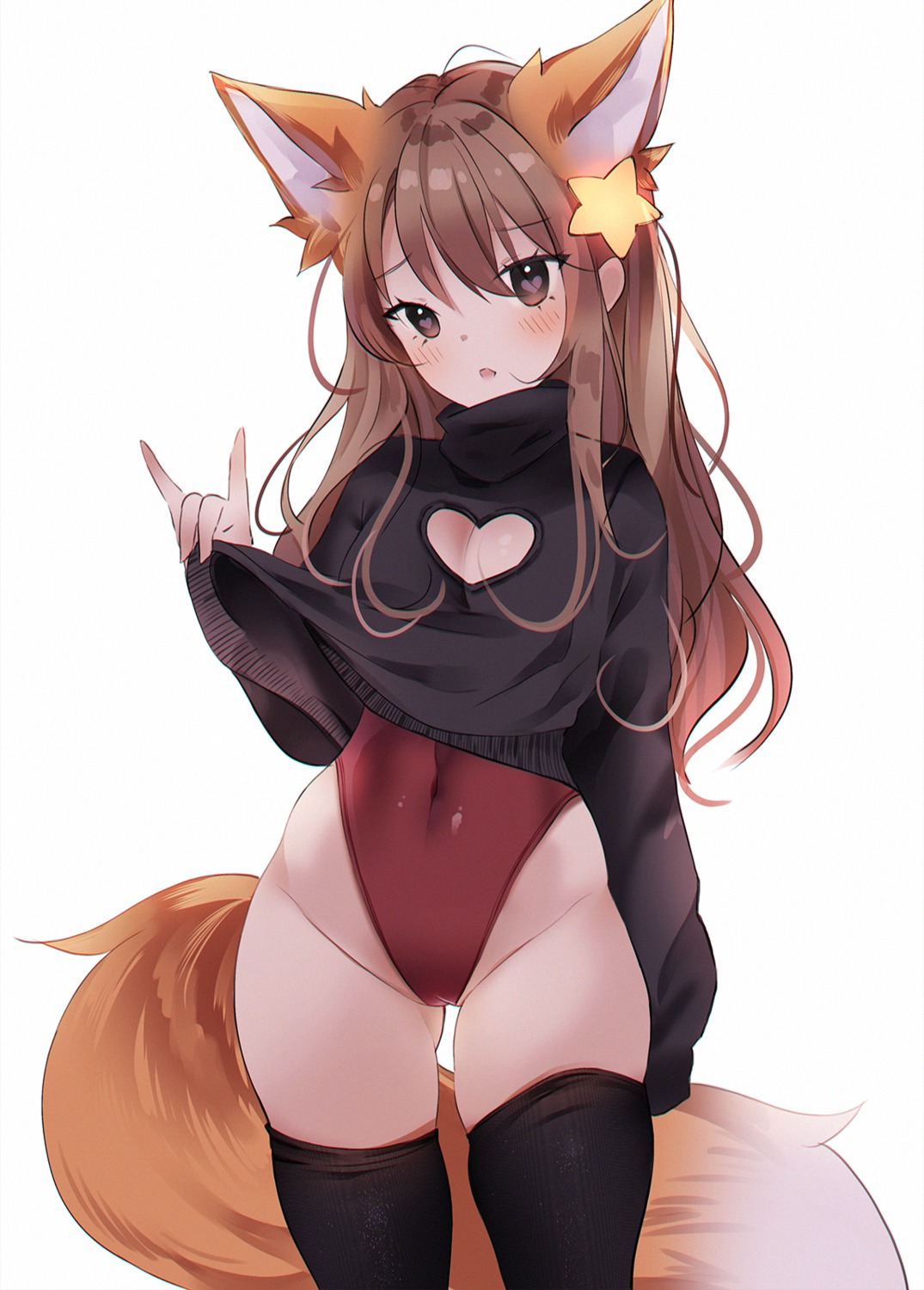 animal_ears annytf anyuu cleavage indie_virtual_youtuber kitsune leotard no_bra sweater tail thighhighs