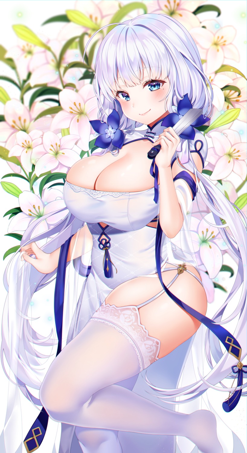 azur_lane chinadress illustrious_(azur_lane) no_bra reel_(riru) stockings thighhighs