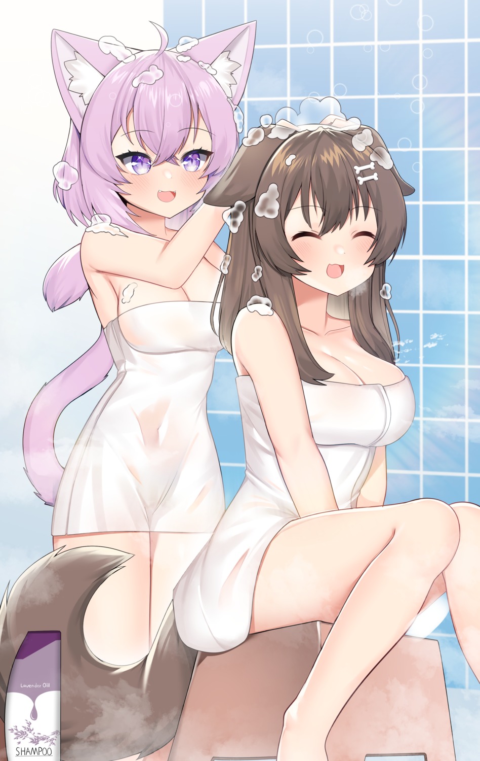 animal_ears cream hololive hololive_gamers inugami_korone inumimi neko_lu_(wofud453) nekomata_okayu nekomimi tail towel