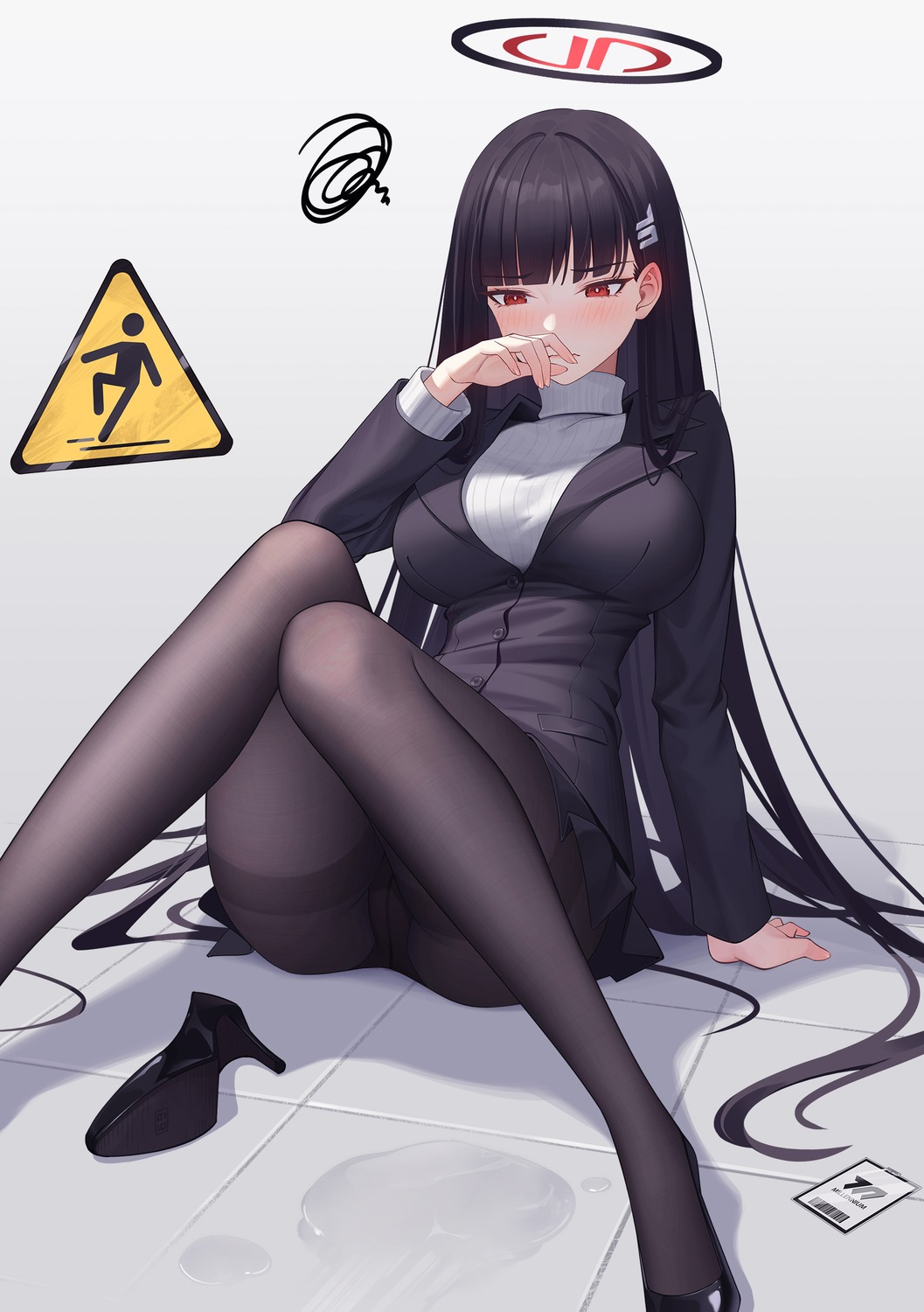 blue_archive business_suit halo heels negi3 pantyhose skirt_lift sweater tsukatsuki_rio