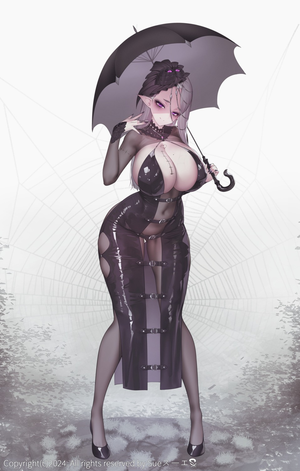 dress no_bra pantsu pantyhose pointy_ears see_through suerte tattoo umbrella