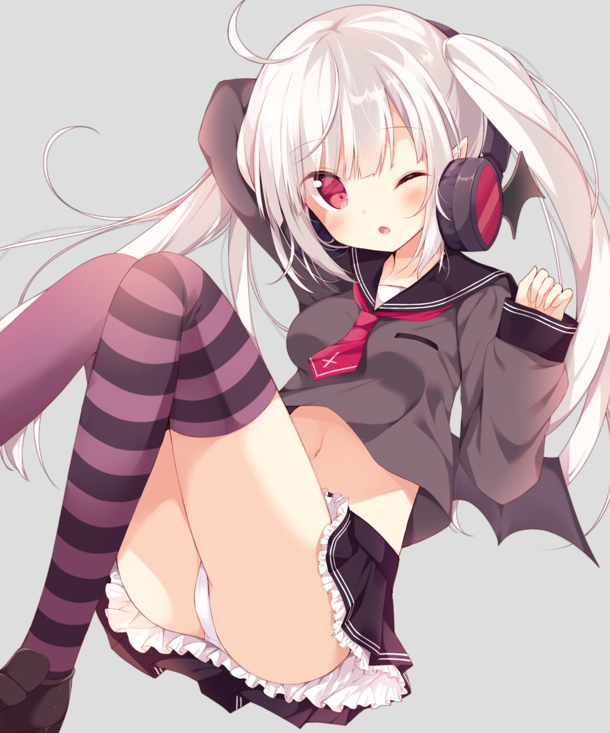 headphones hoshi pantsu seifuku thighhighs wings